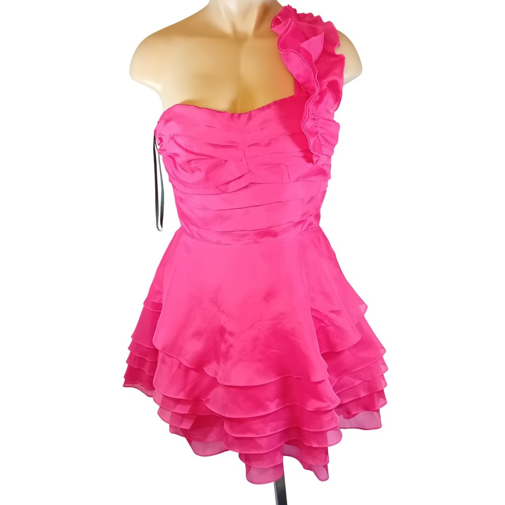 Vintage Y2K Bebe 100% Silk Mini Dress Hot Pink Ruffle One Shoulder Corset Back M